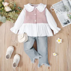 2-piece Toddler Girl Doll Collar Tweed Splice Long-sleeve Top and Ripped Hem Denim Jeans Set