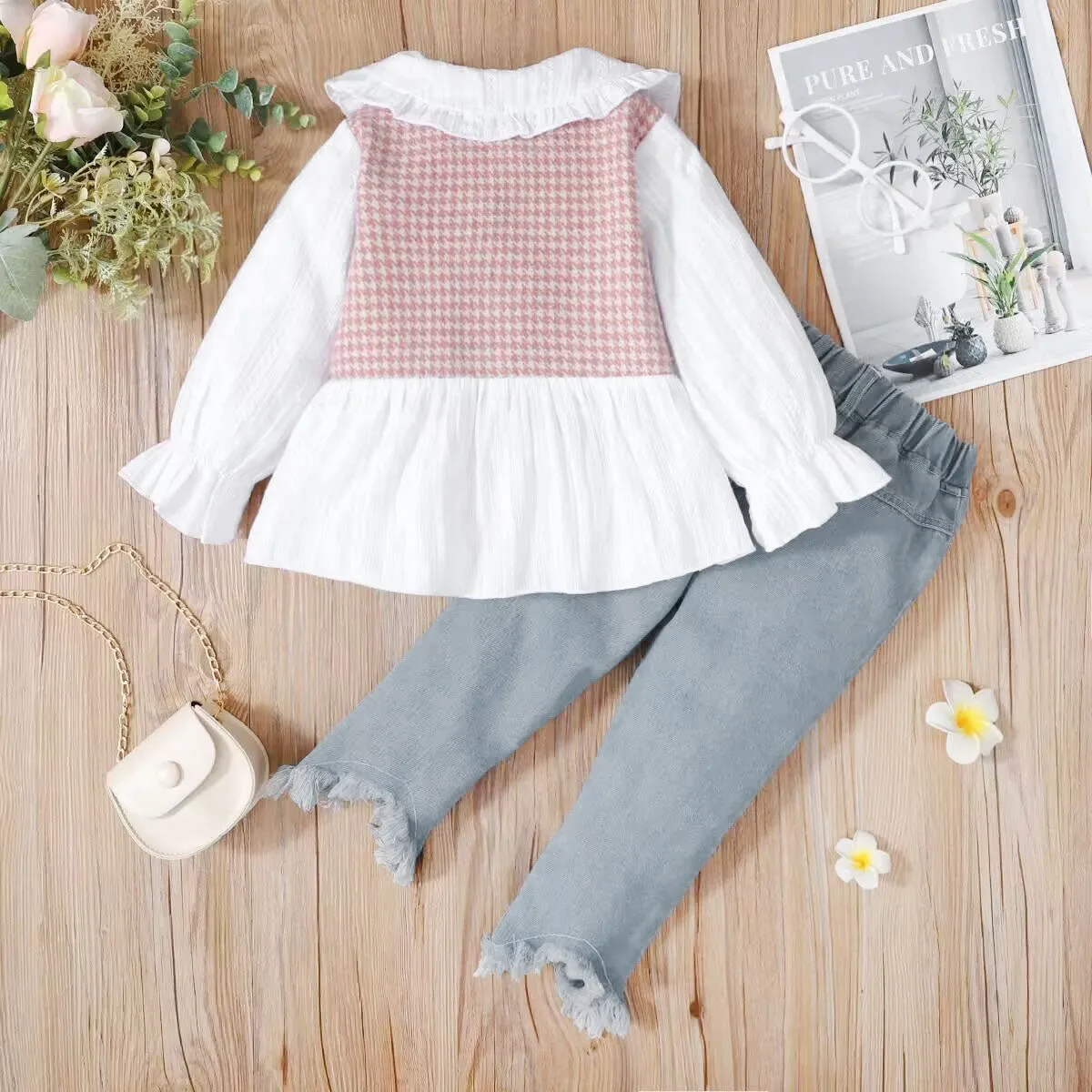 2-piece Toddler Girl Doll Collar Tweed Splice Long-sleeve Top and Ripped Hem Denim Jeans Set