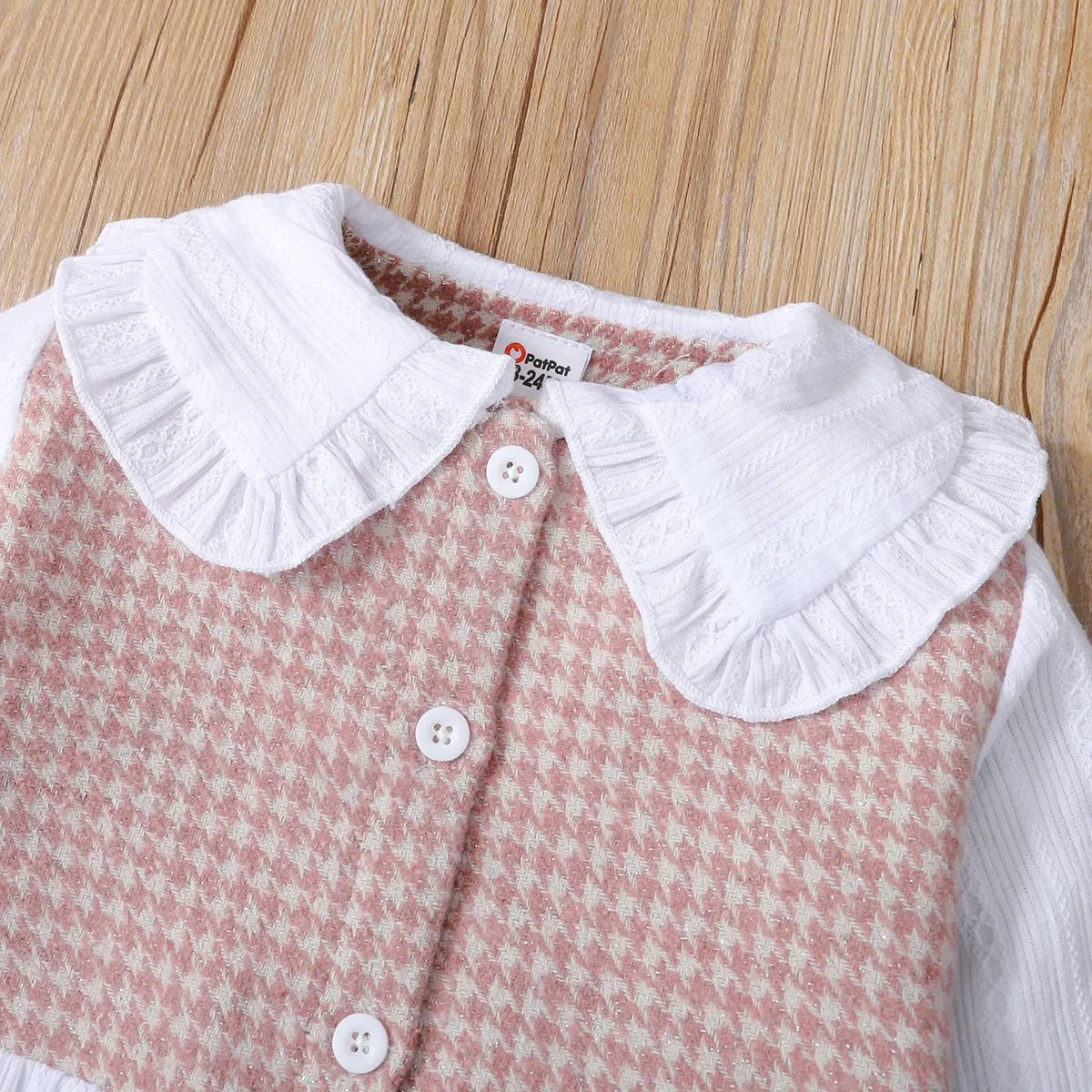 2-piece Toddler Girl Doll Collar Tweed Splice Long-sleeve Top and Ripped Hem Denim Jeans Set