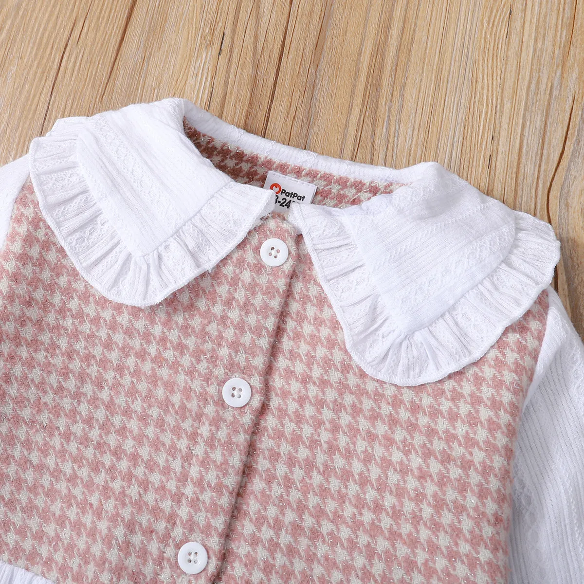 2-piece Toddler Girl Doll Collar Tweed Splice Long-sleeve Top and Ripped Hem Denim Jeans Set