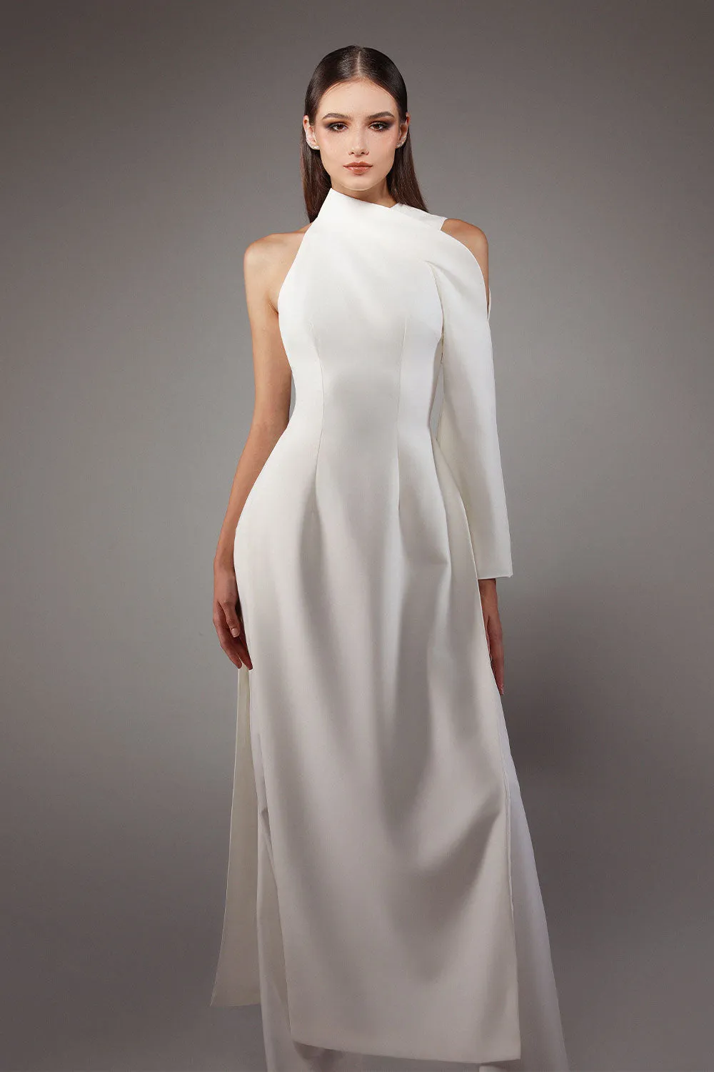 Bandeau A-line Asymmetric Sleeved Wool Cotton Floor Length Ao Dai