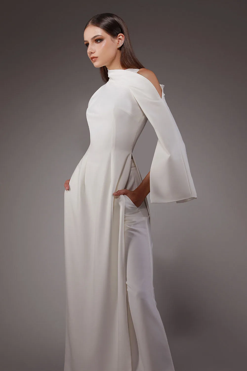 Bandeau A-line Asymmetric Sleeved Wool Cotton Floor Length Ao Dai