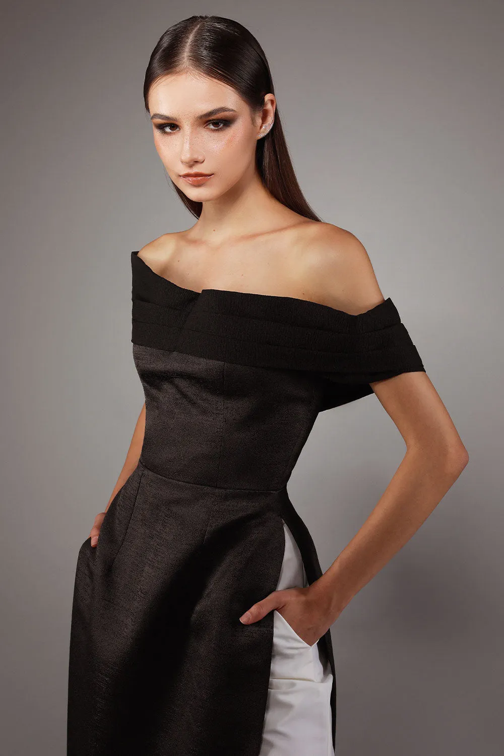 Bardot A-line Off-Shoulder Brocade Silk Floor Length Ao Dai