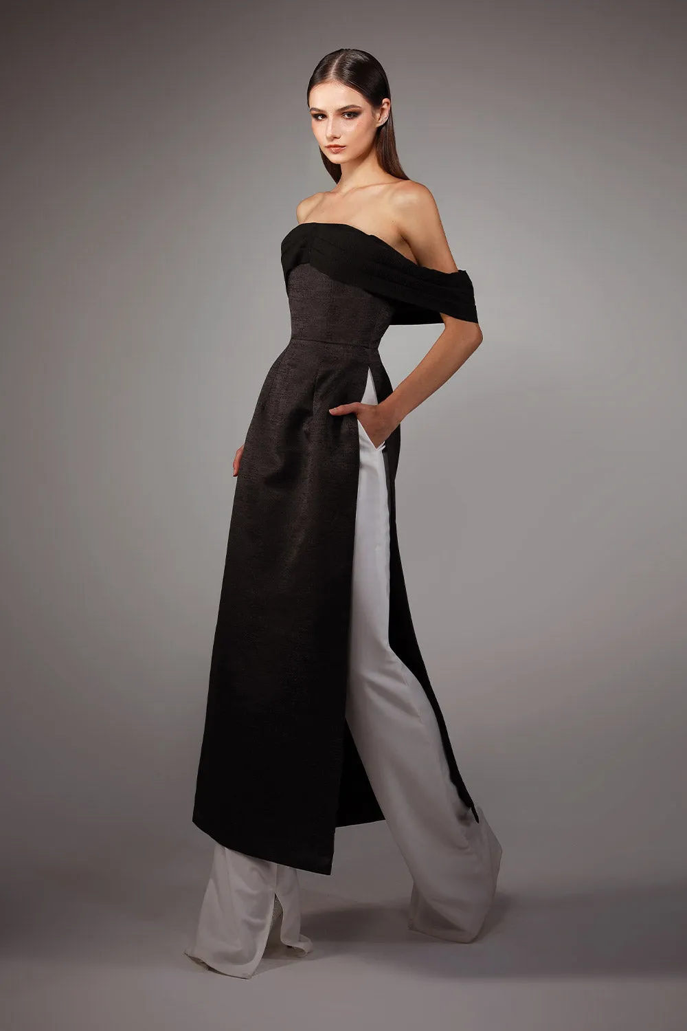 Bardot A-line Off-Shoulder Brocade Silk Floor Length Ao Dai