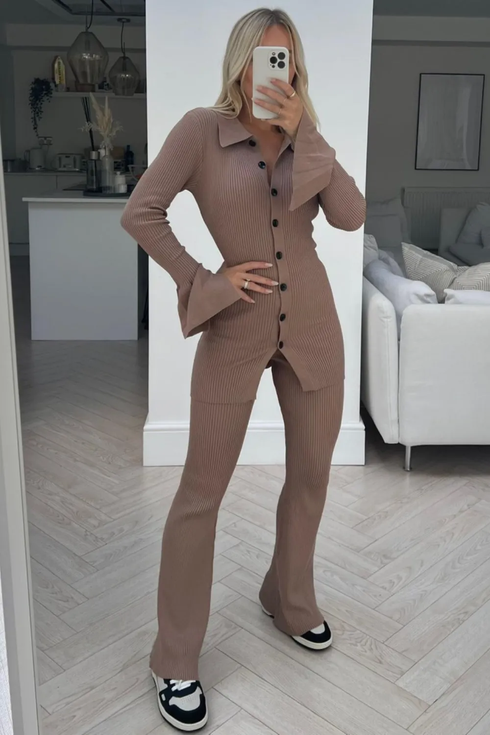 Callie beige flare sleeve button neck knitted loungewear set