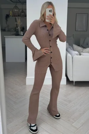 Callie beige flare sleeve button neck knitted loungewear set