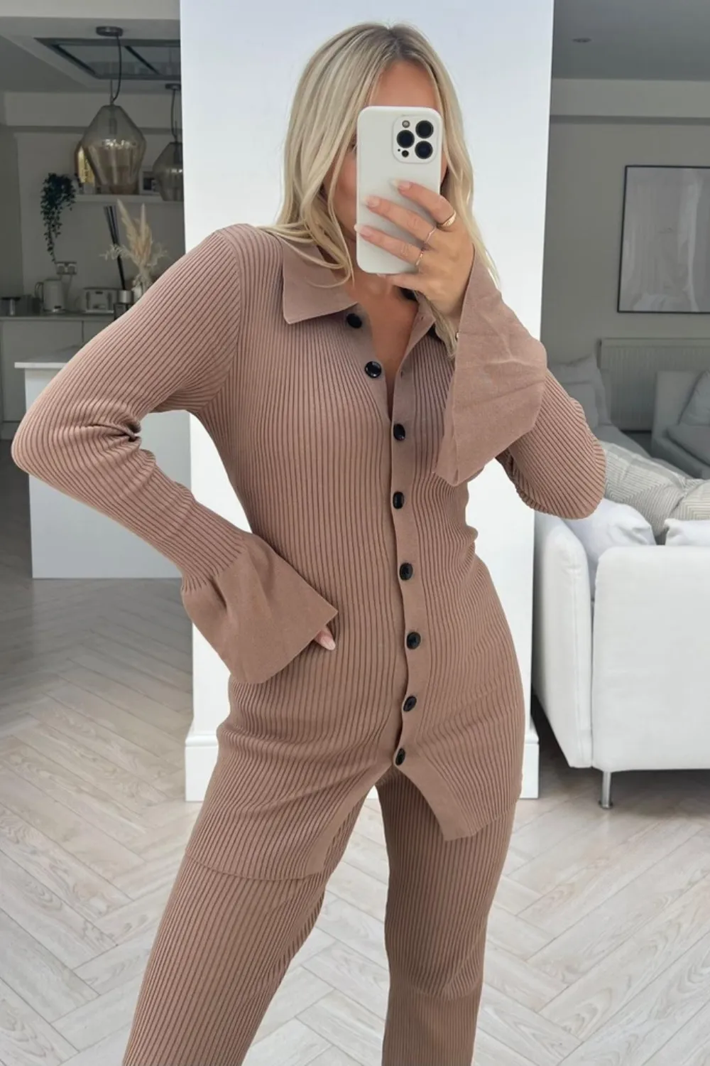 Callie beige flare sleeve button neck knitted loungewear set