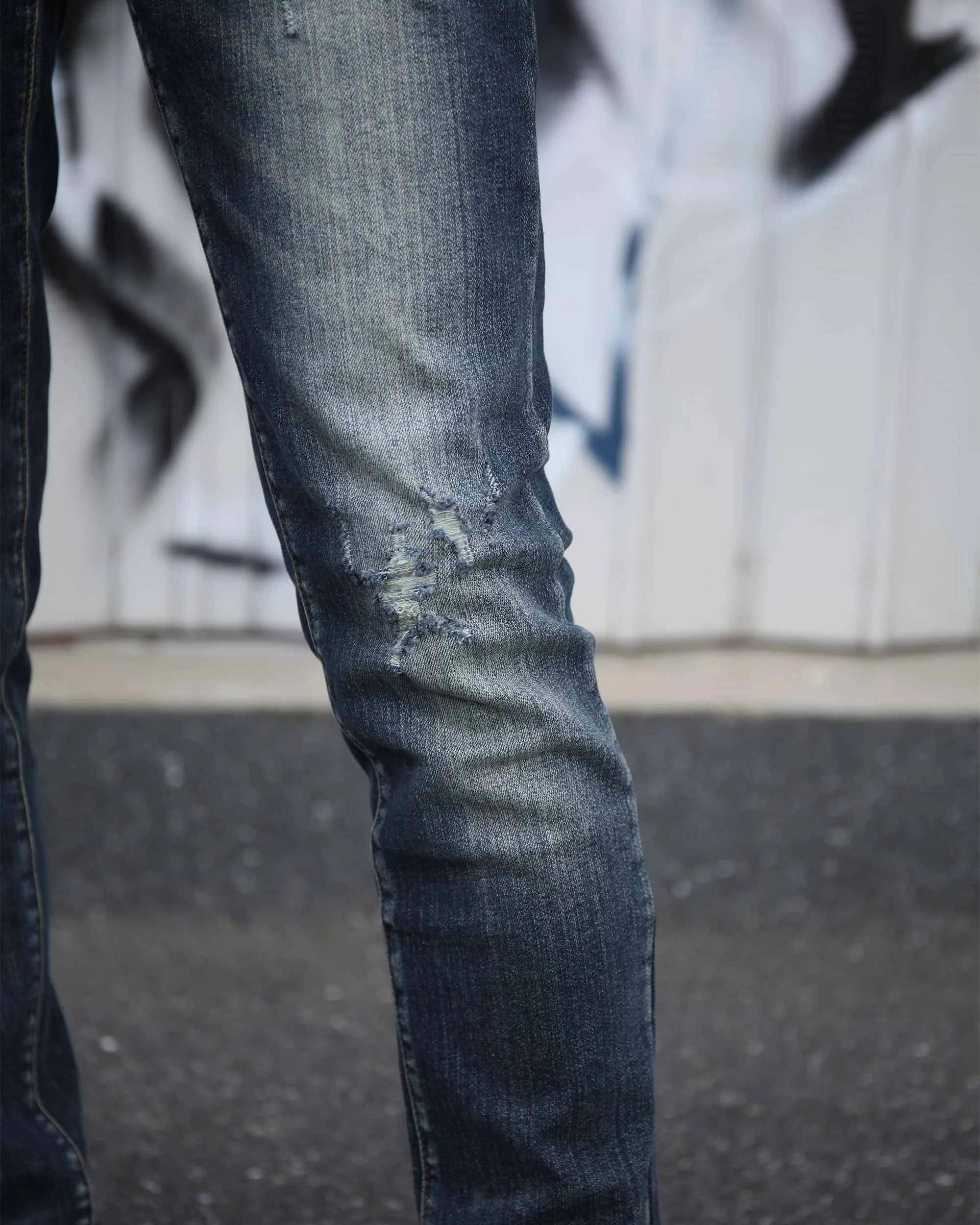 Classic Slim Fit Blue Jeans with Ripped Accents-Mexico Local Delivery
