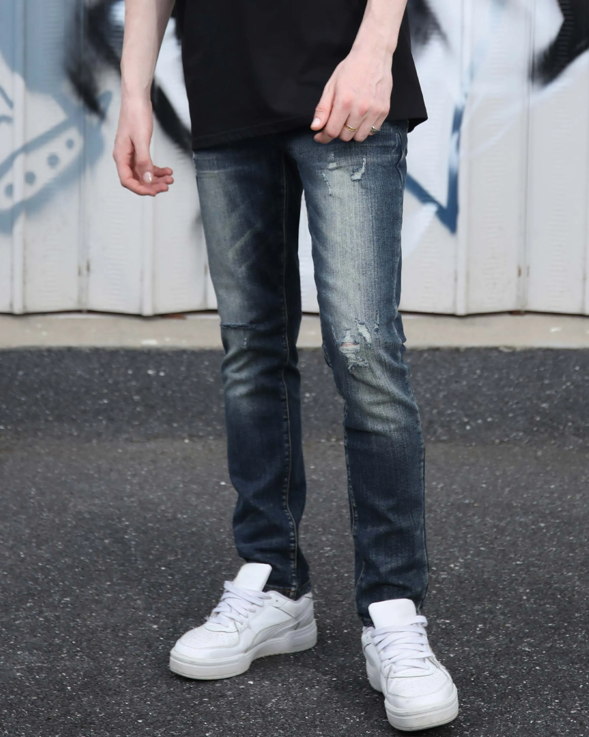 Classic Slim Fit Blue Jeans with Ripped Accents-Mexico Local Delivery