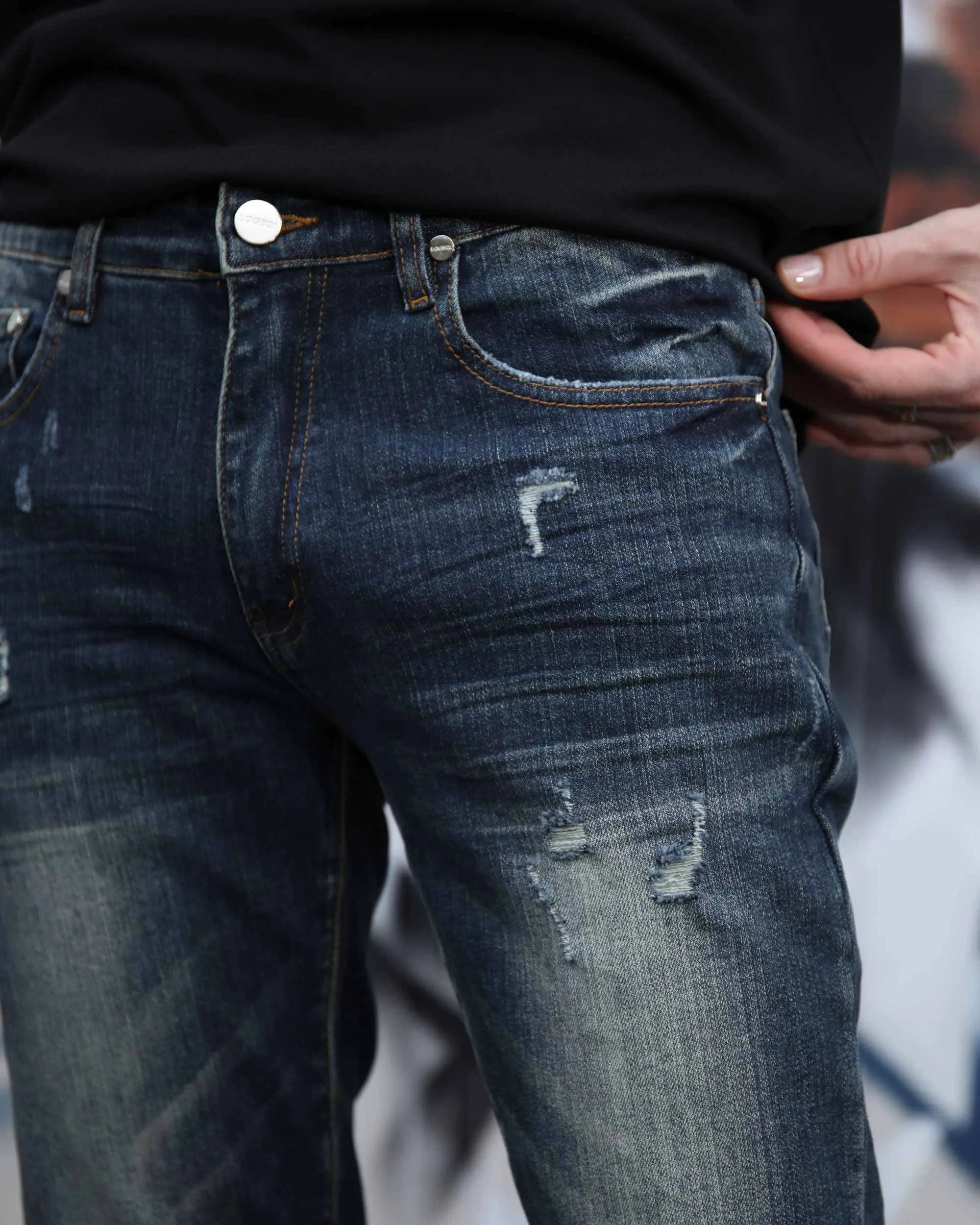 Classic Slim Fit Blue Jeans with Ripped Accents-Mexico Local Delivery