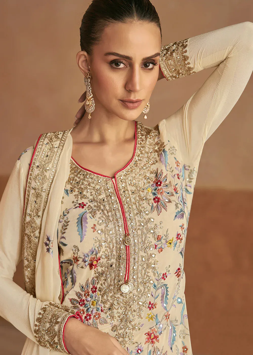 Cream Chinon Silk Embroidered Suit Set with Dupatta