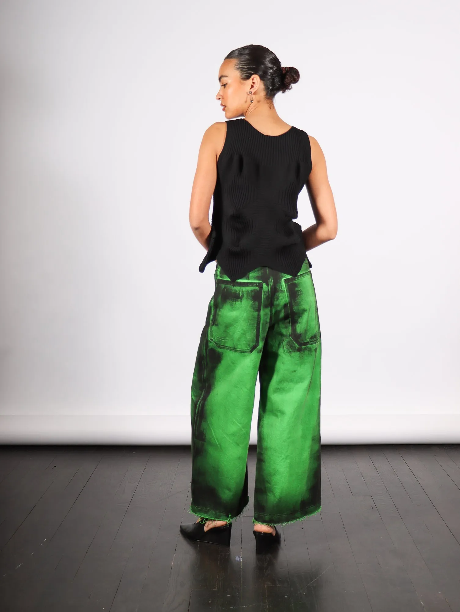 Cropped Denim Pants in Green Painted Denim by Melitta Baumeister