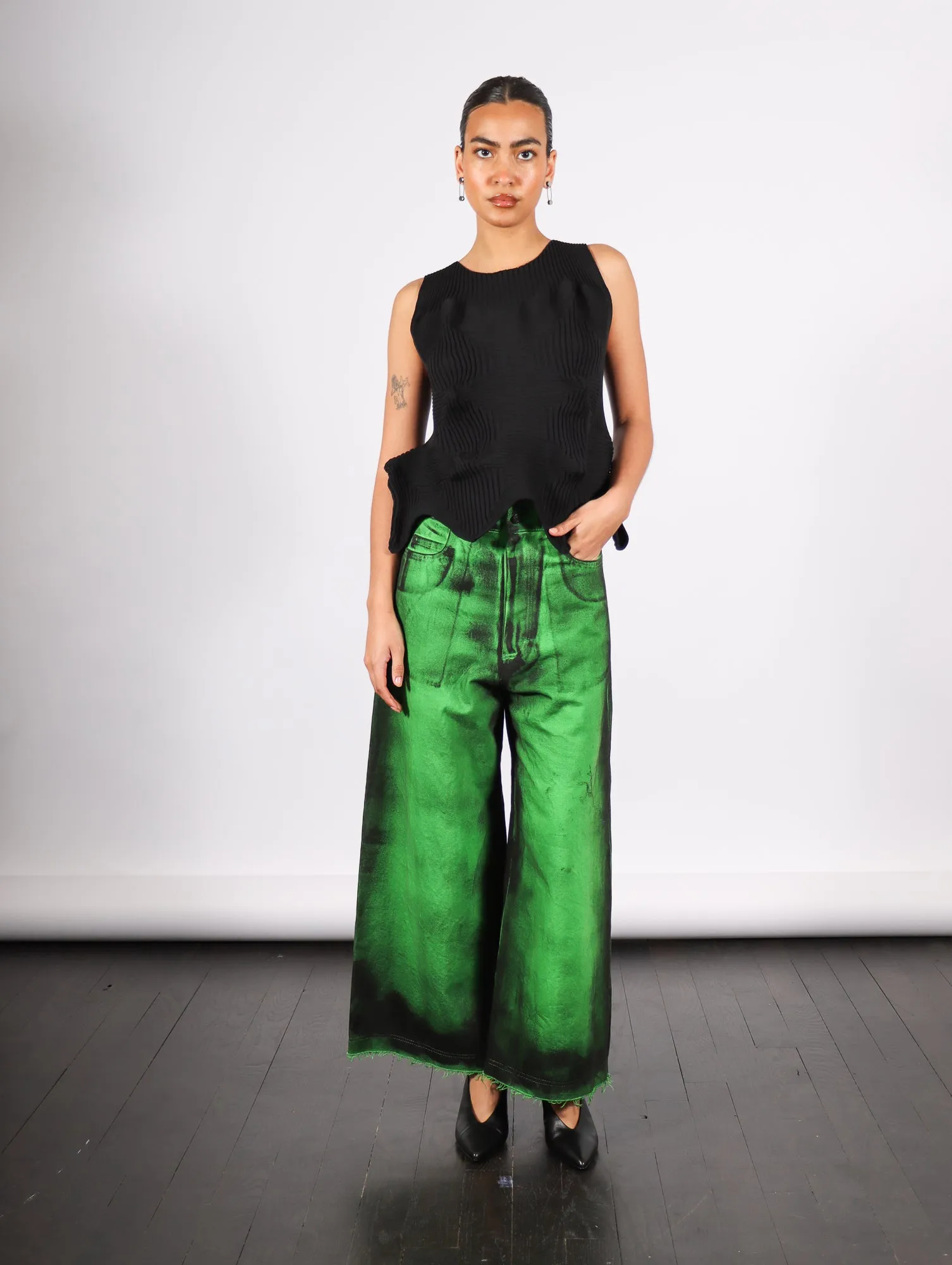 Cropped Denim Pants in Green Painted Denim by Melitta Baumeister