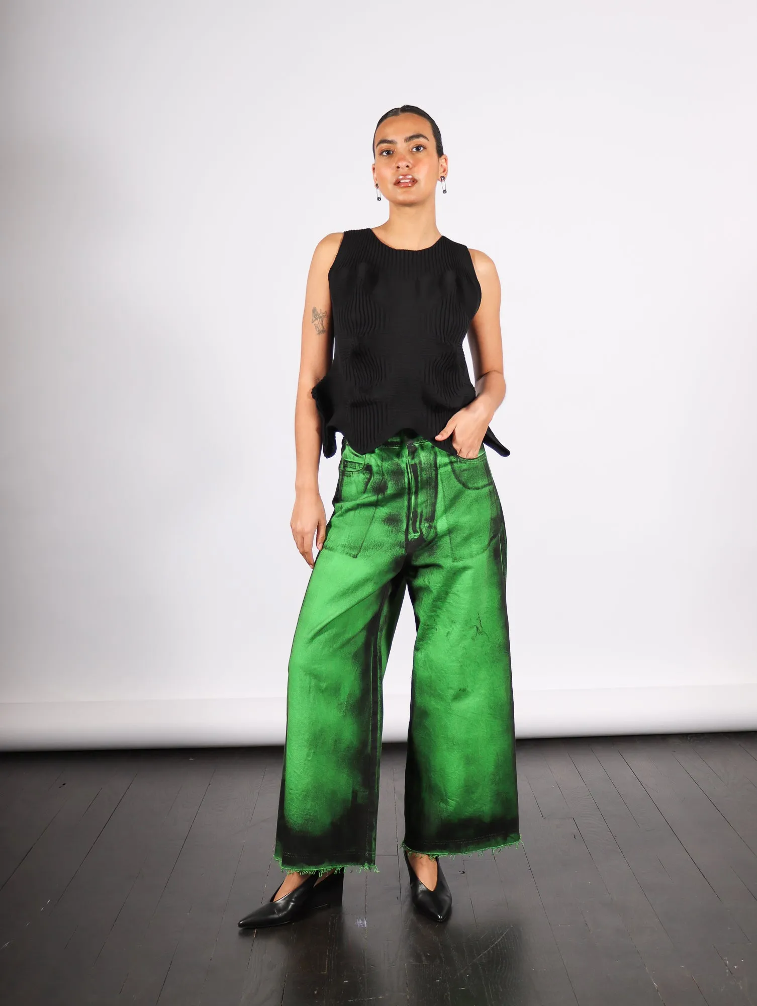 Cropped Denim Pants in Green Painted Denim by Melitta Baumeister