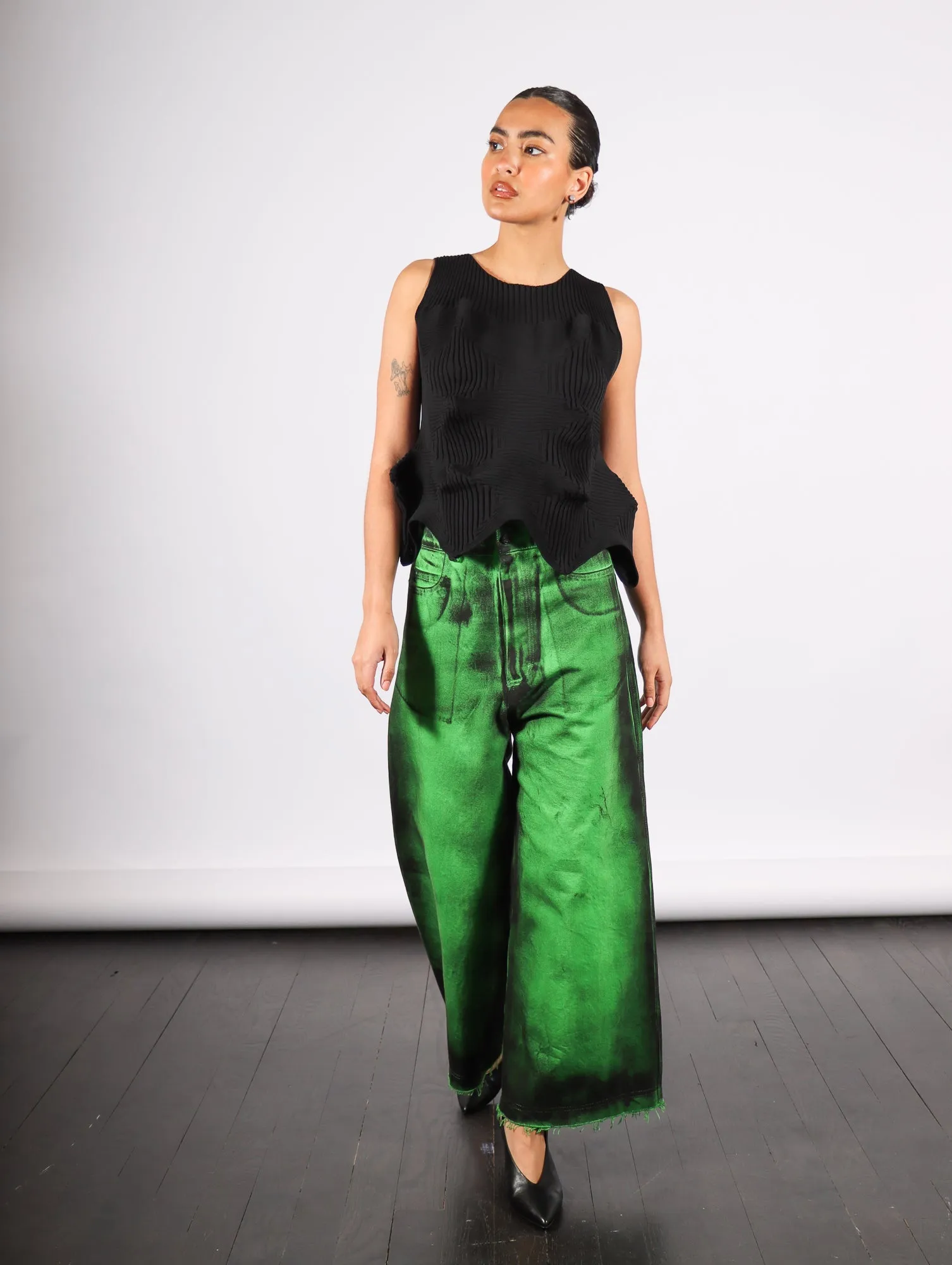 Cropped Denim Pants in Green Painted Denim by Melitta Baumeister