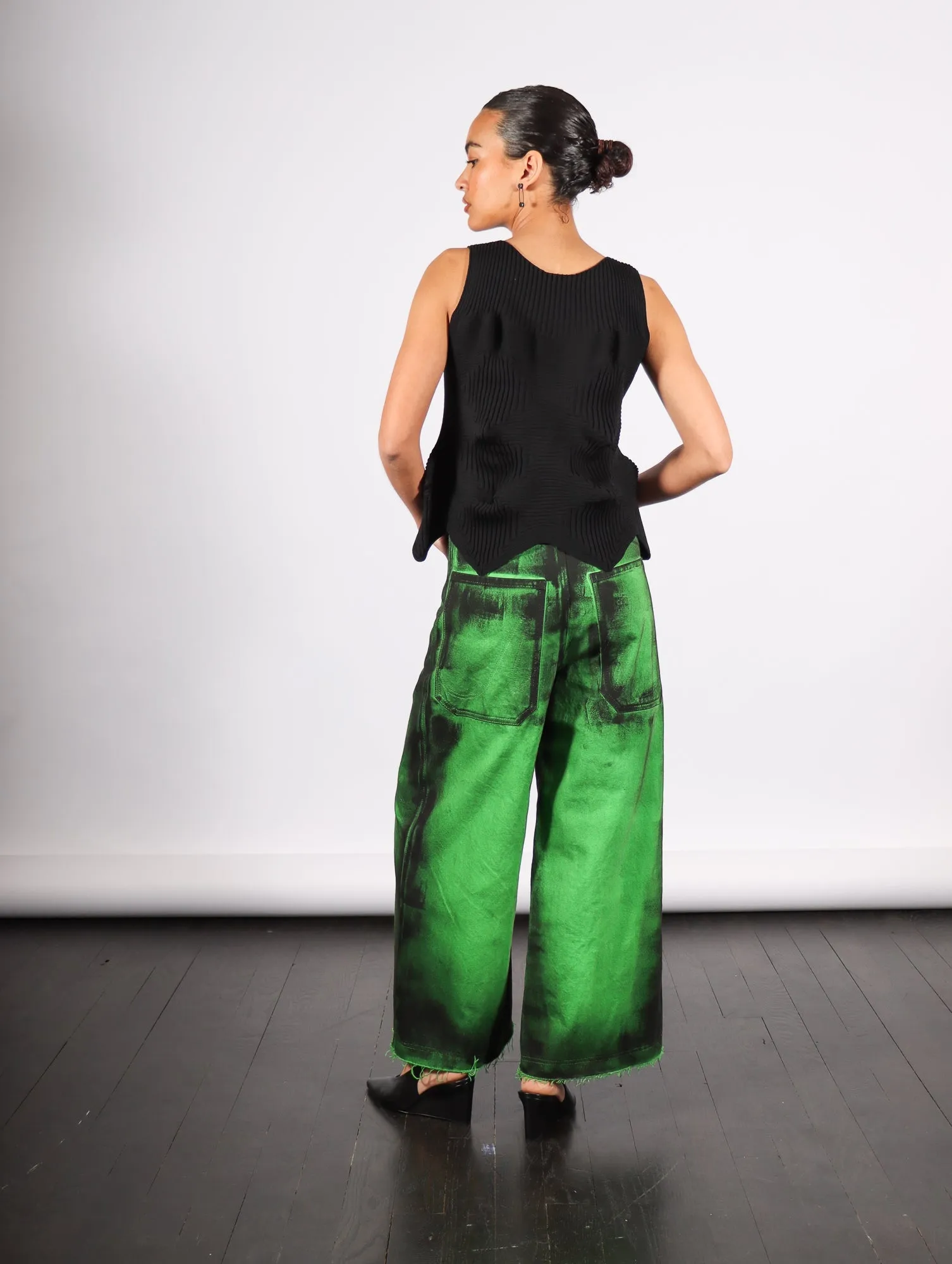 Cropped Denim Pants in Green Painted Denim by Melitta Baumeister