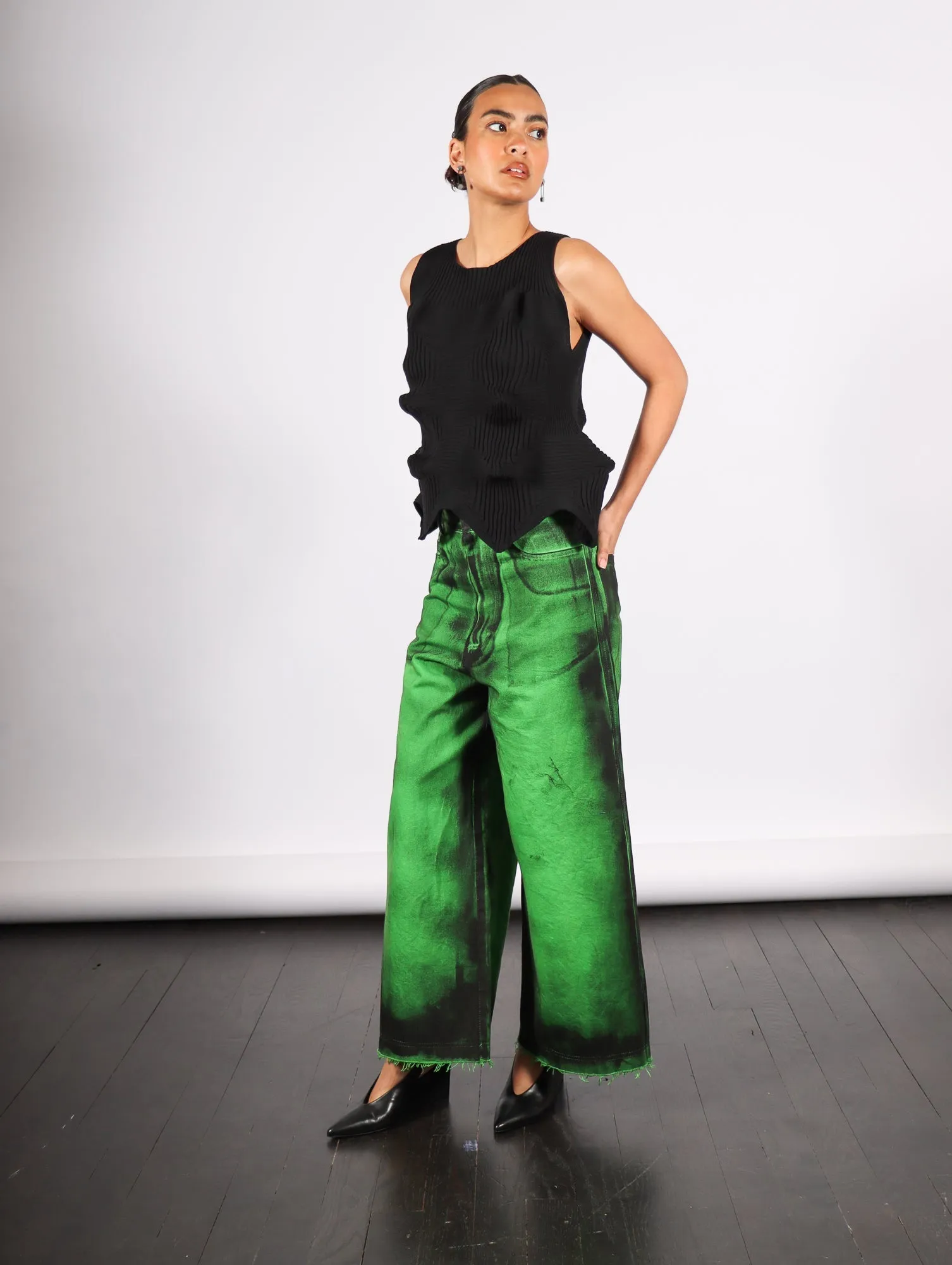 Cropped Denim Pants in Green Painted Denim by Melitta Baumeister