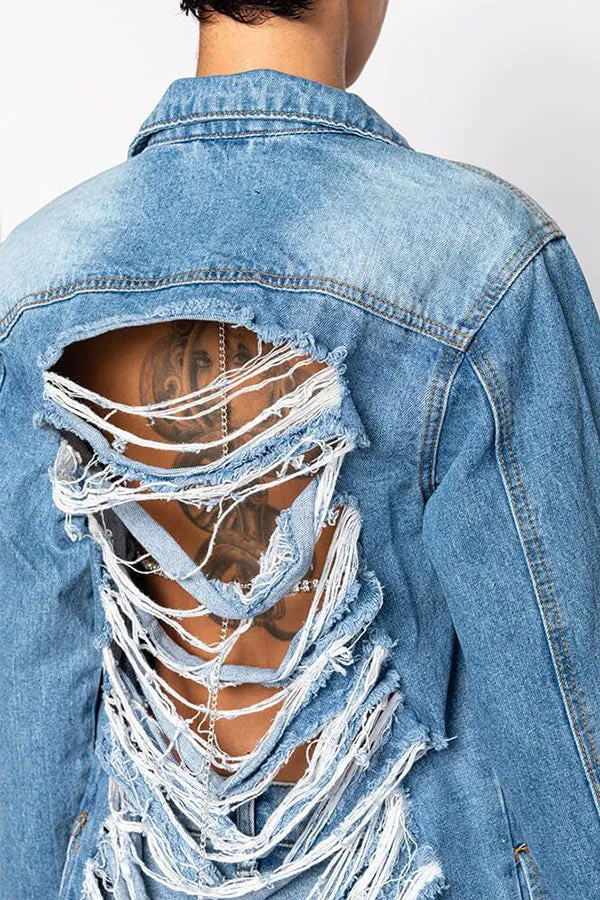 Denim Ripped Burrs Stylish Tassel Hem Trench Coat
