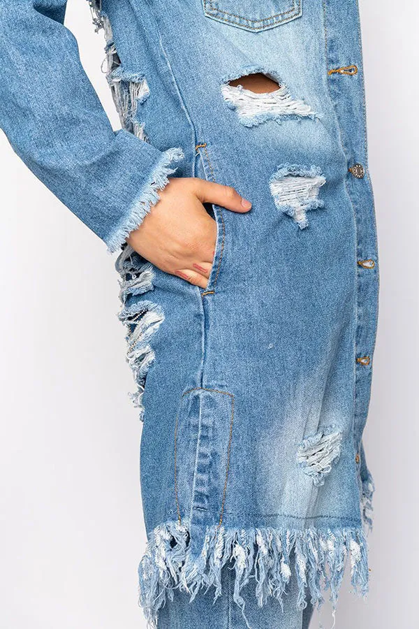 Denim Ripped Burrs Stylish Tassel Hem Trench Coat