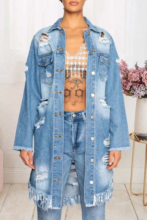 Denim Ripped Burrs Stylish Tassel Hem Trench Coat