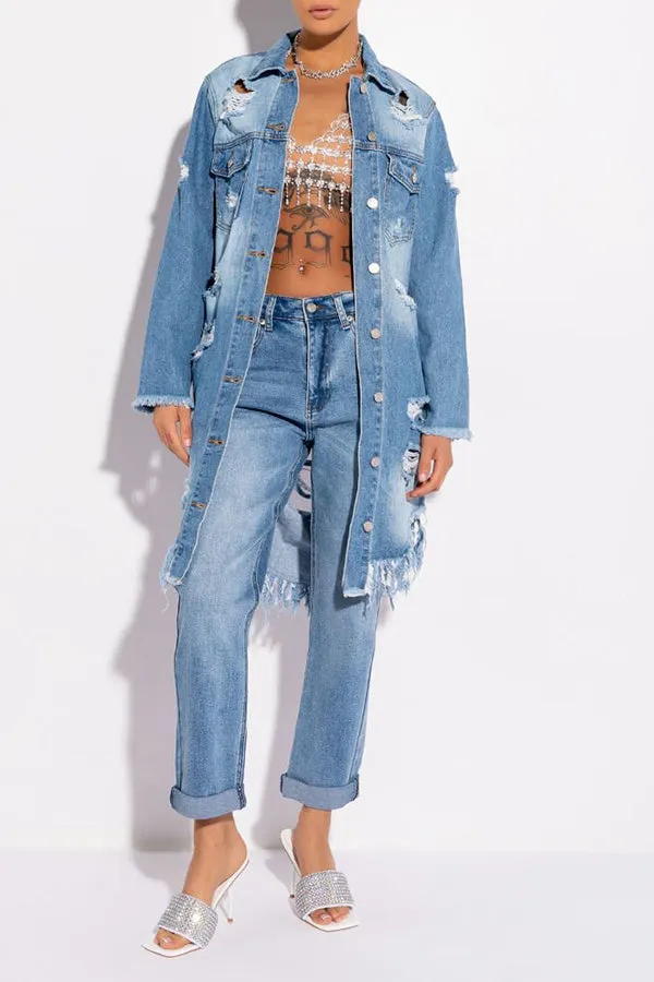 Denim Ripped Burrs Stylish Tassel Hem Trench Coat