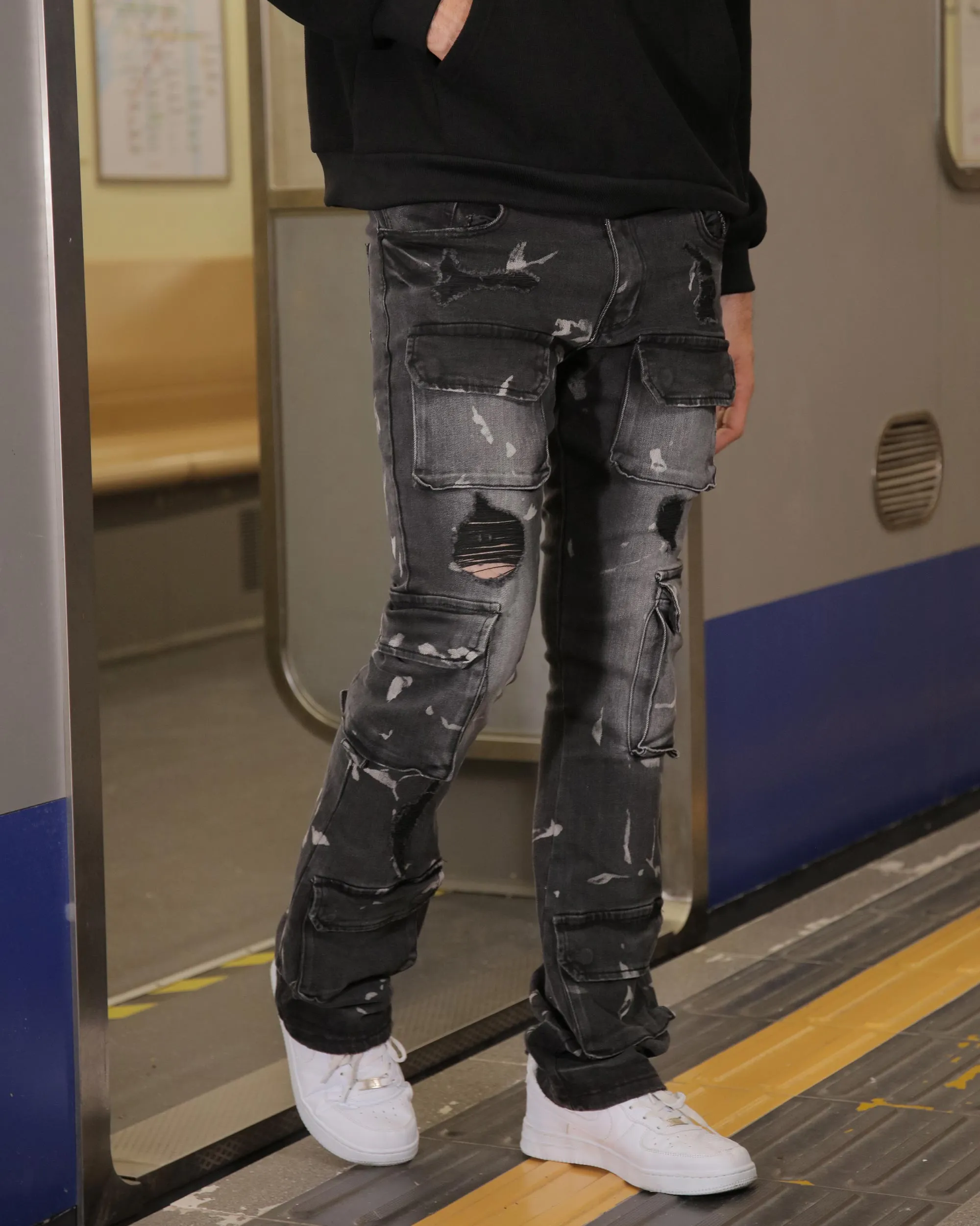 Distressed Painted Black Cargo Jeans with Multiple Pockets