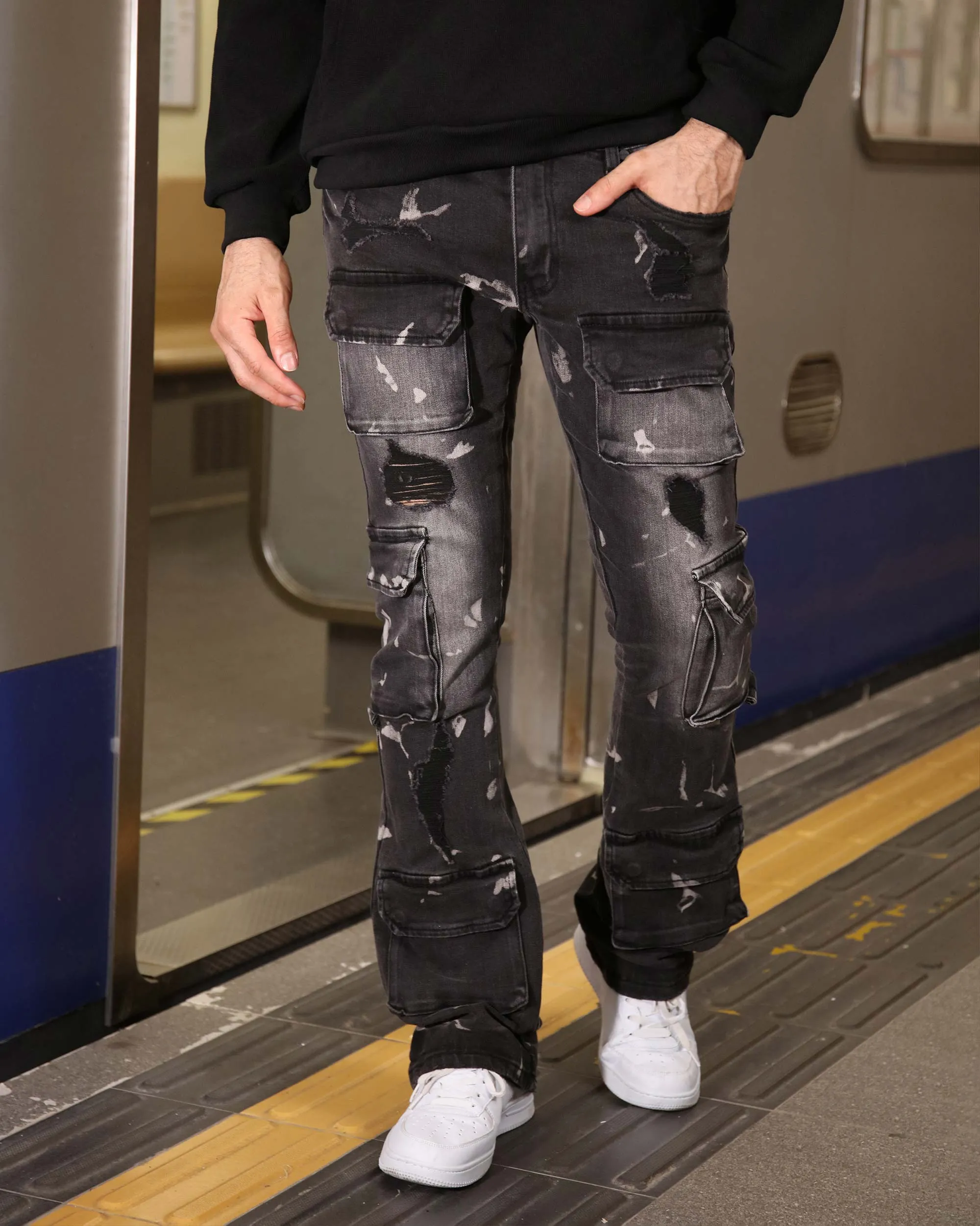 Distressed Painted Black Cargo Jeans with Multiple Pockets