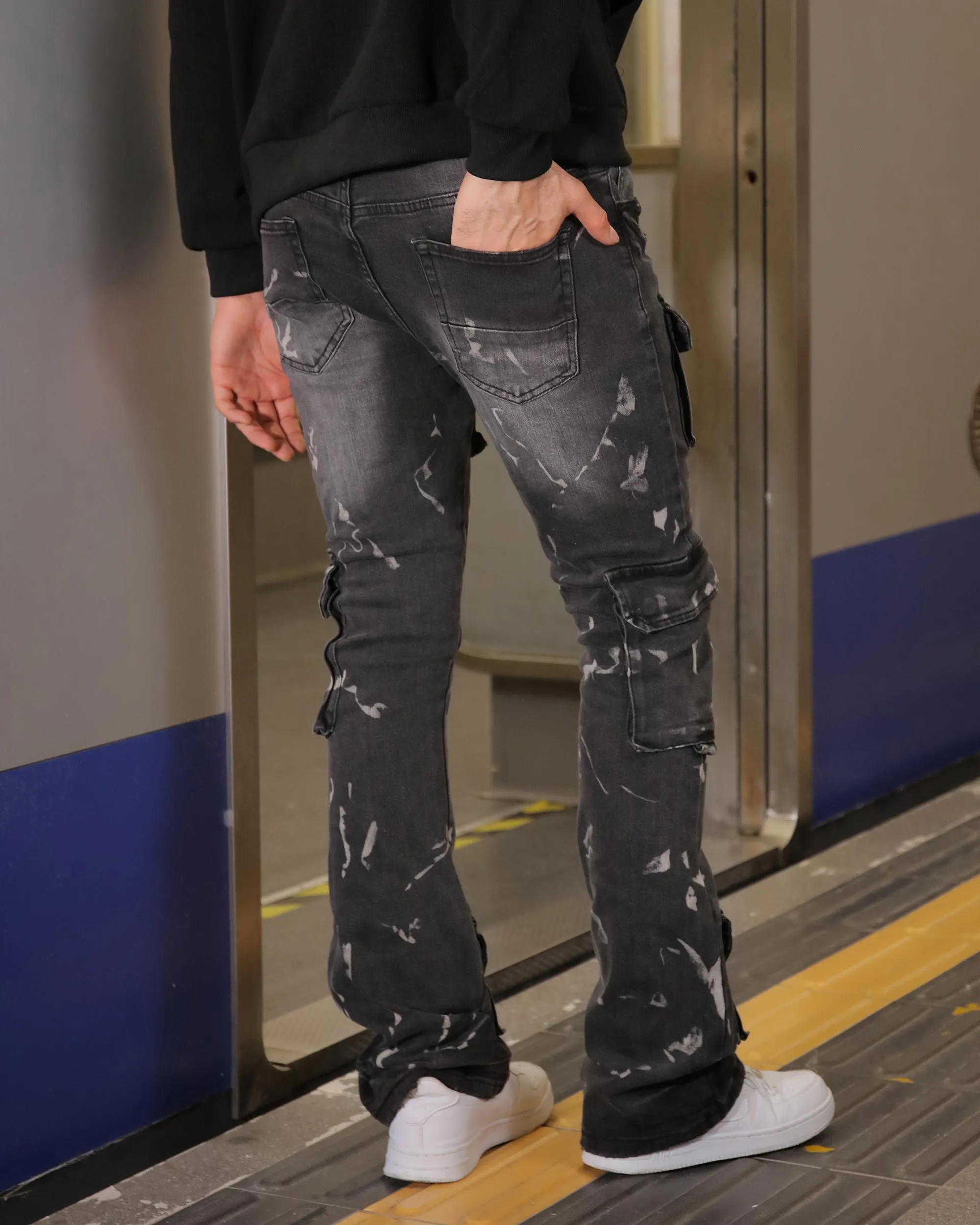 Distressed Painted Black Cargo Jeans with Multiple Pockets