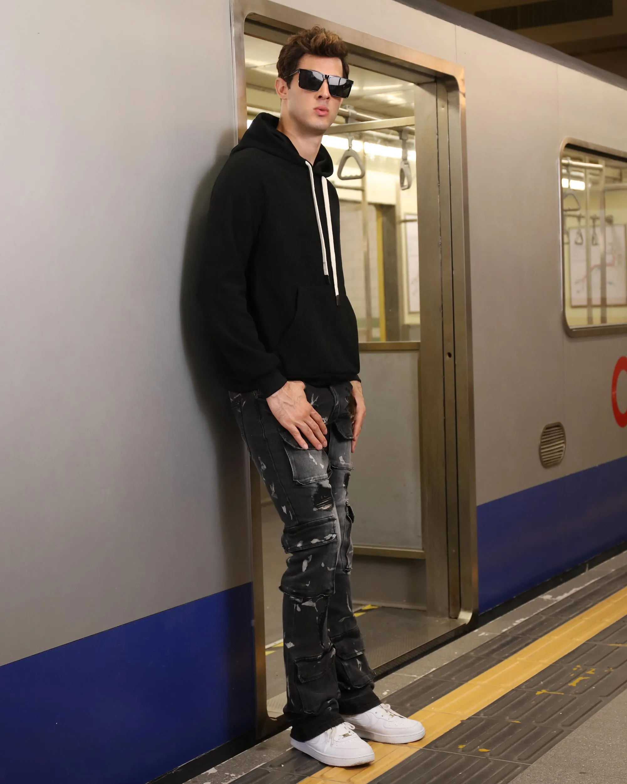 Distressed Painted Black Cargo Jeans with Multiple Pockets