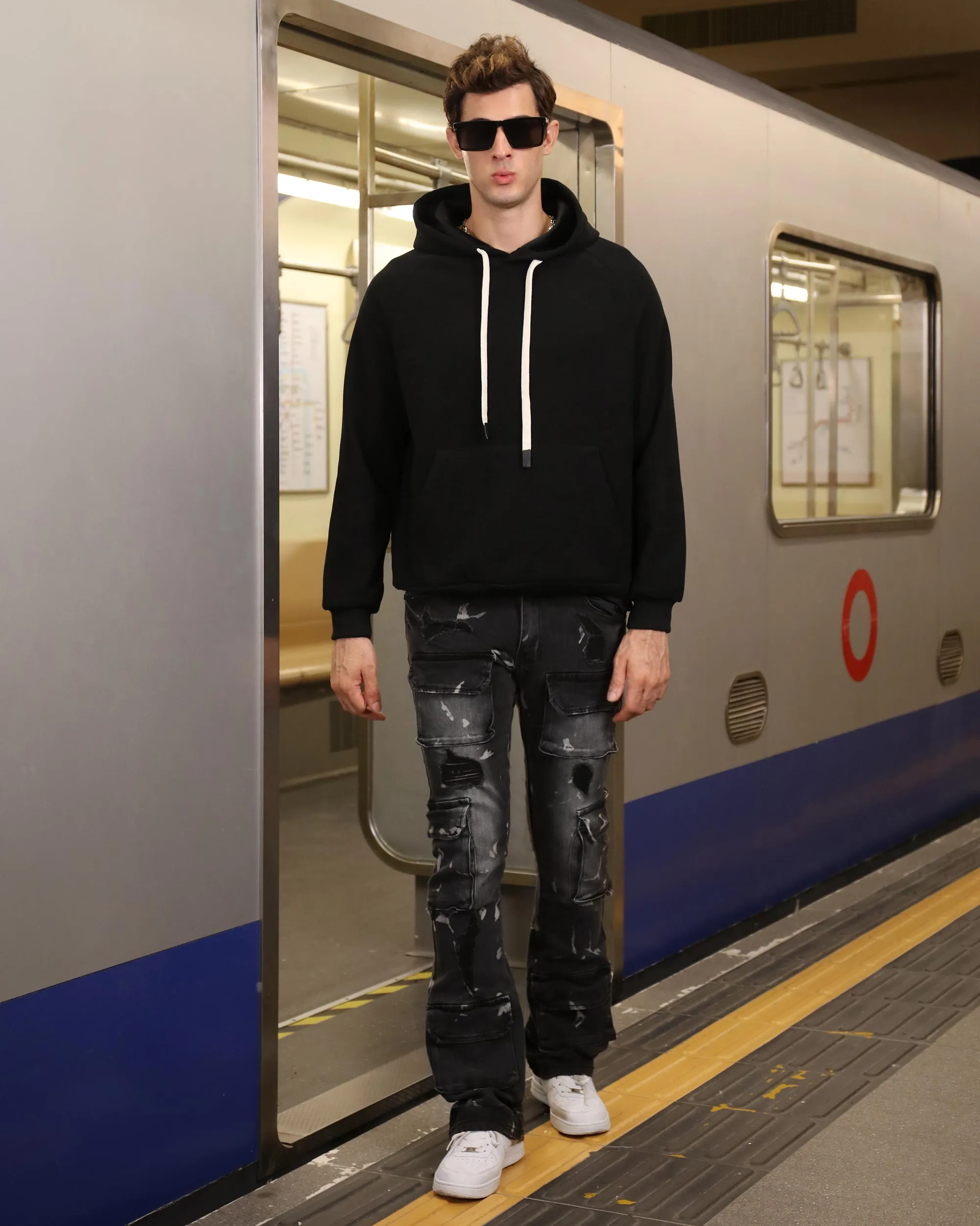 Distressed Painted Black Cargo Jeans with Multiple Pockets