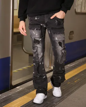 Distressed Painted Black Cargo Jeans with Multiple Pockets