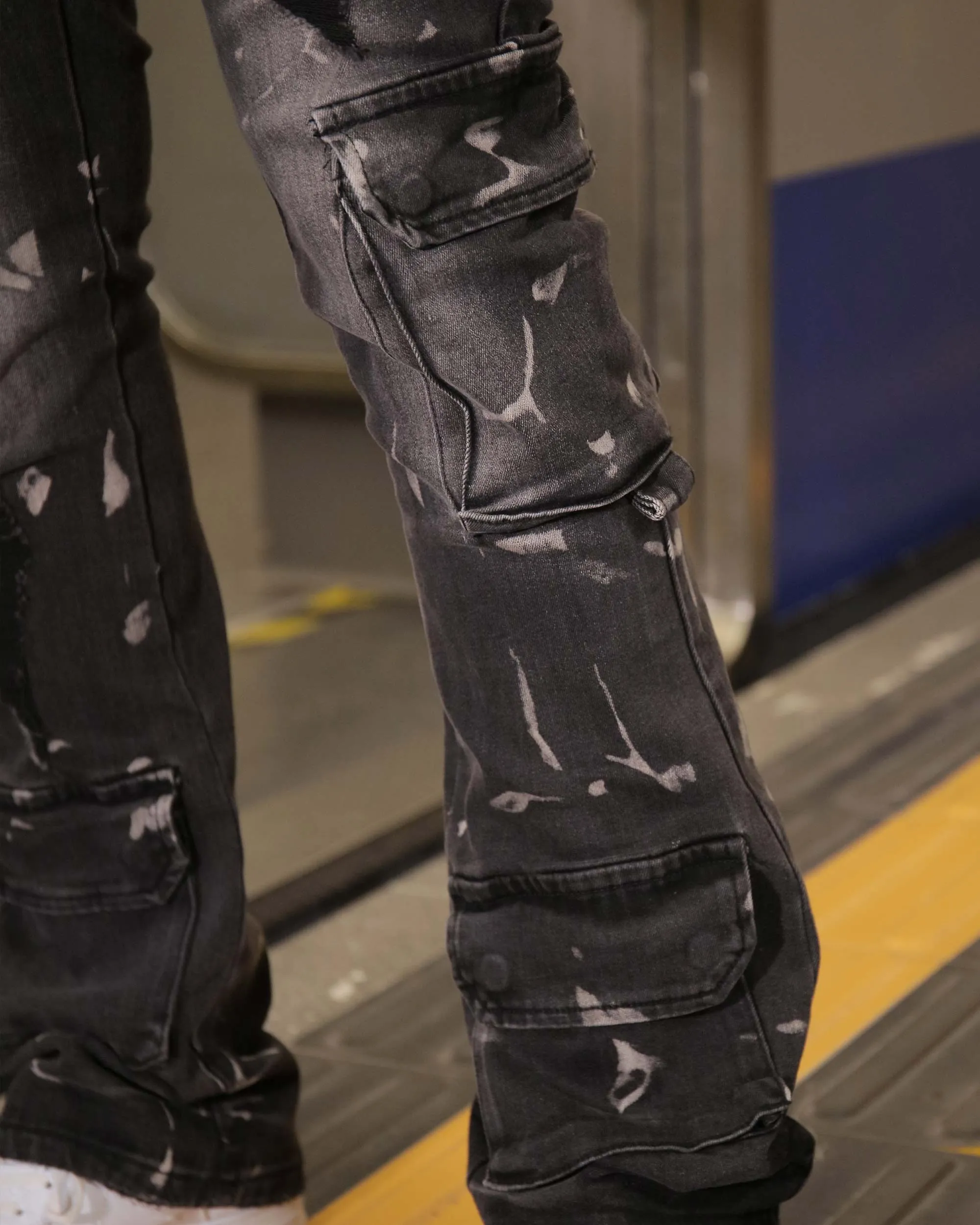 Distressed Painted Black Cargo Jeans with Multiple Pockets