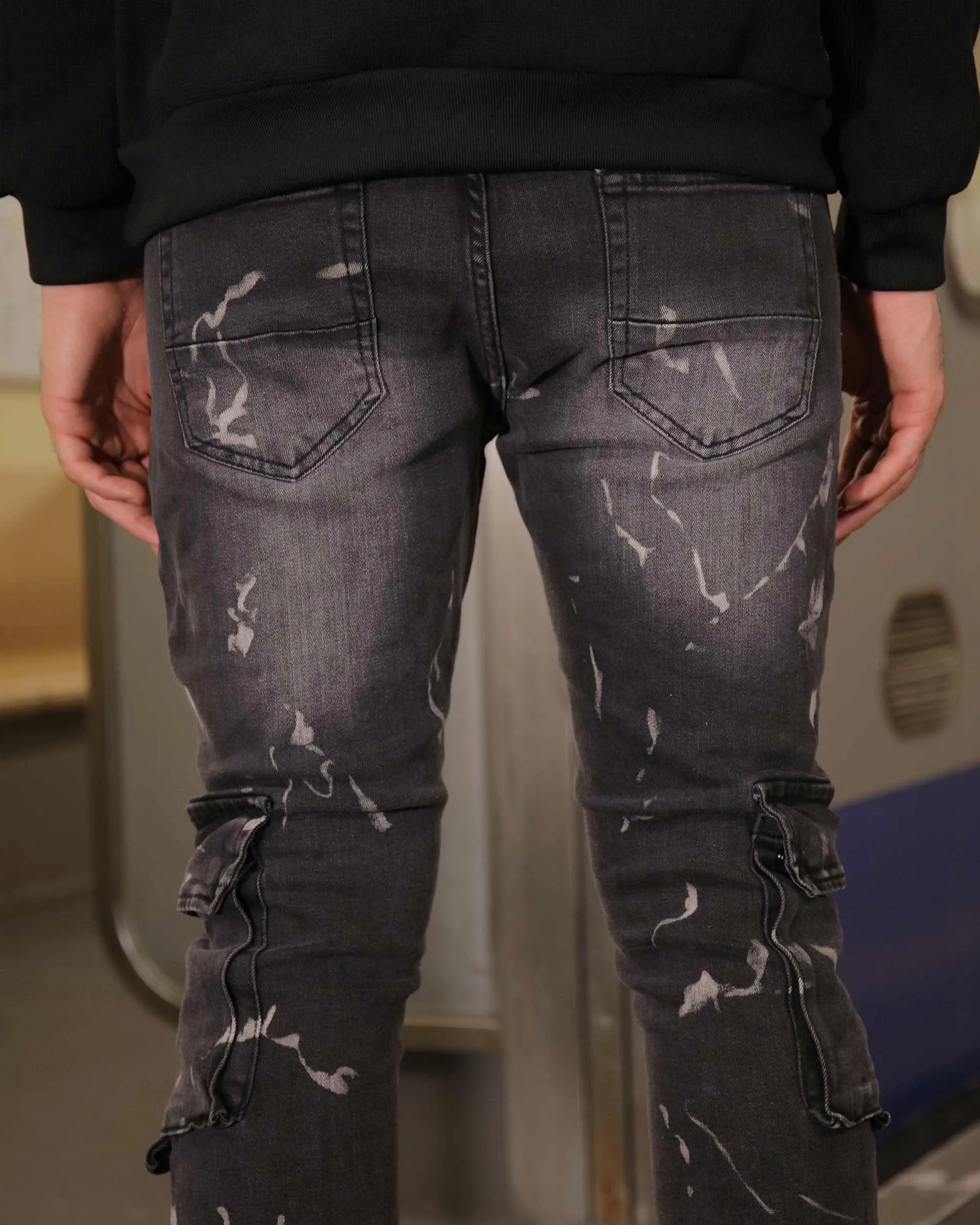 Distressed Painted Black Cargo Jeans with Multiple Pockets