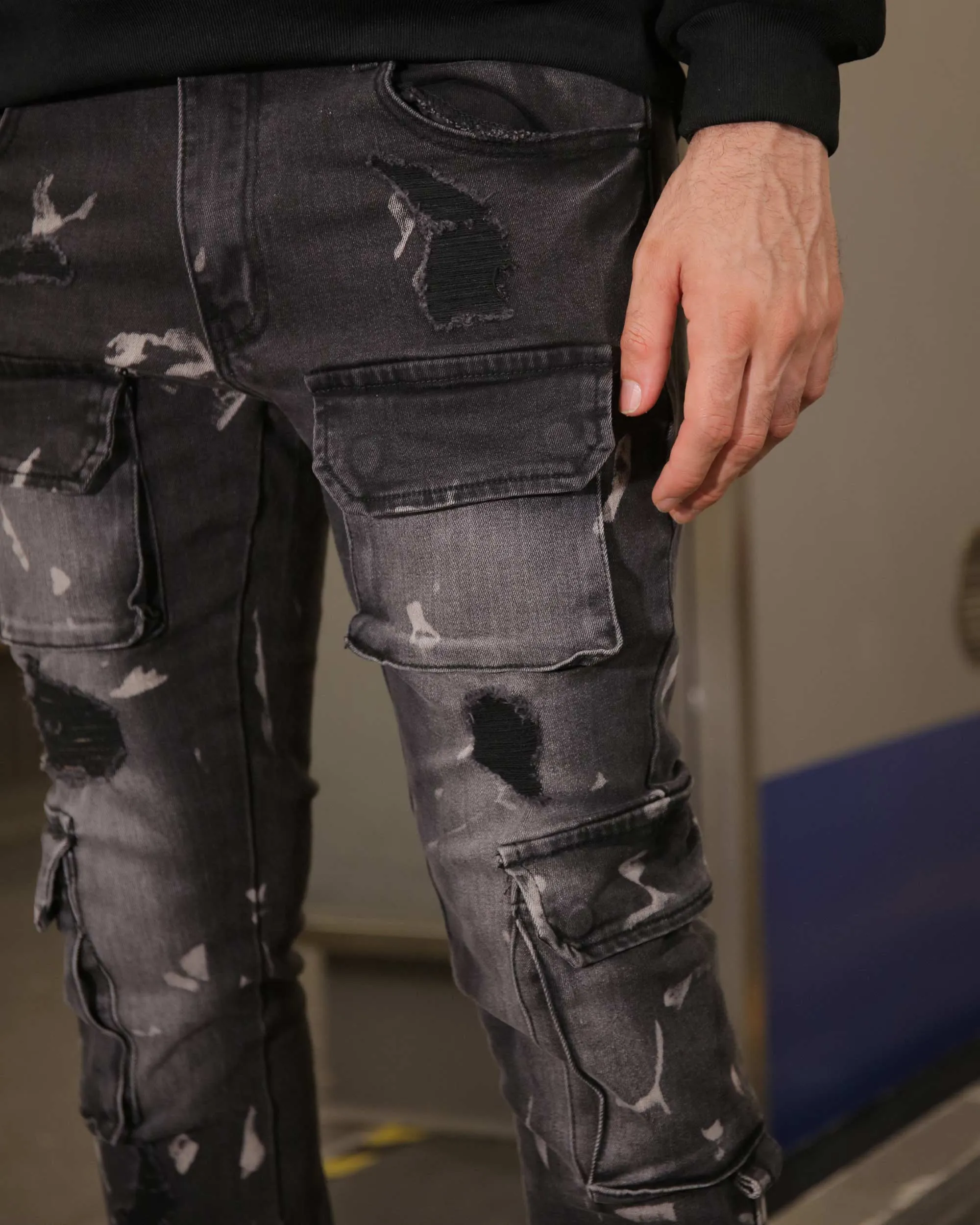 Distressed Painted Black Cargo Jeans with Multiple Pockets