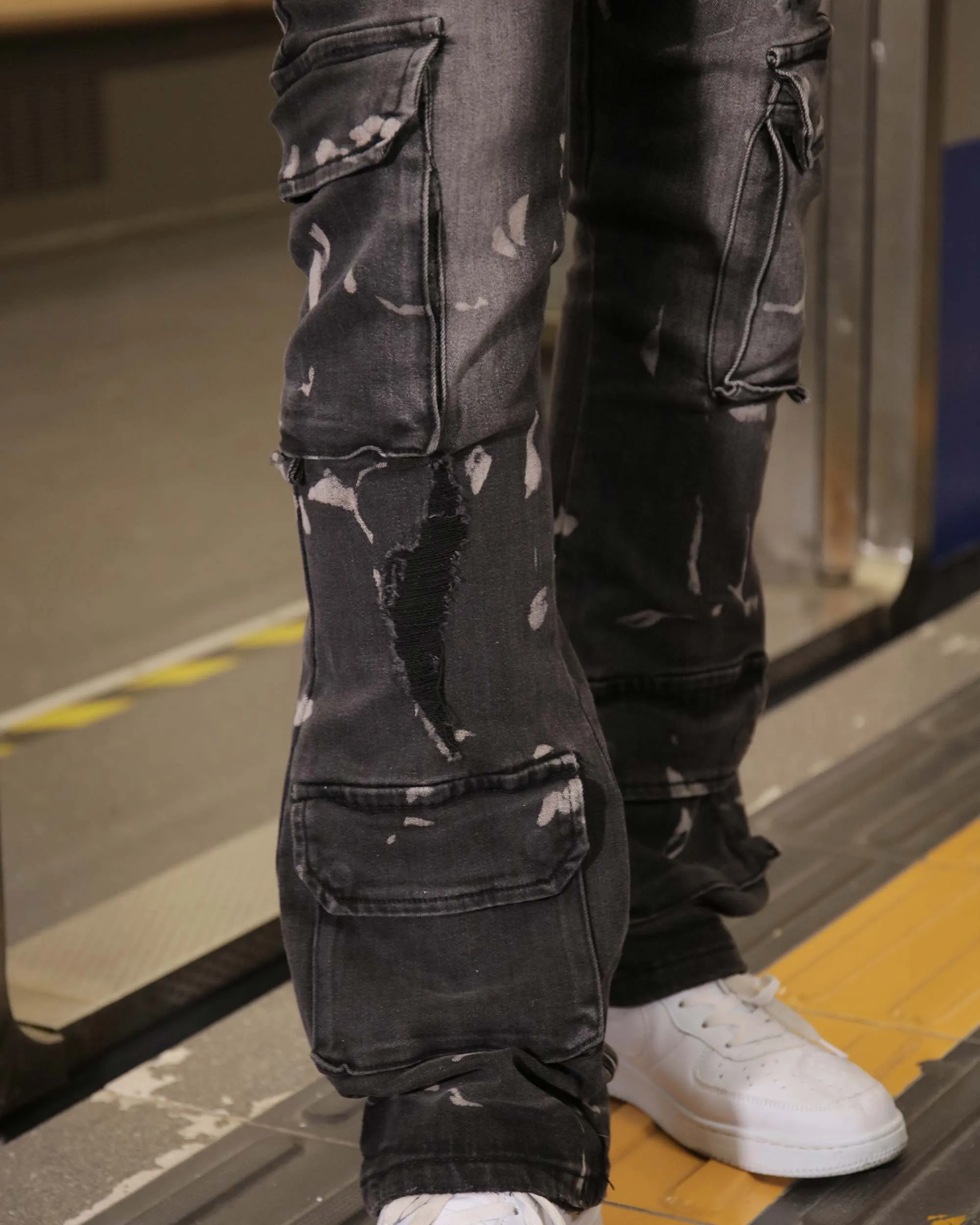 Distressed Painted Black Cargo Jeans with Multiple Pockets