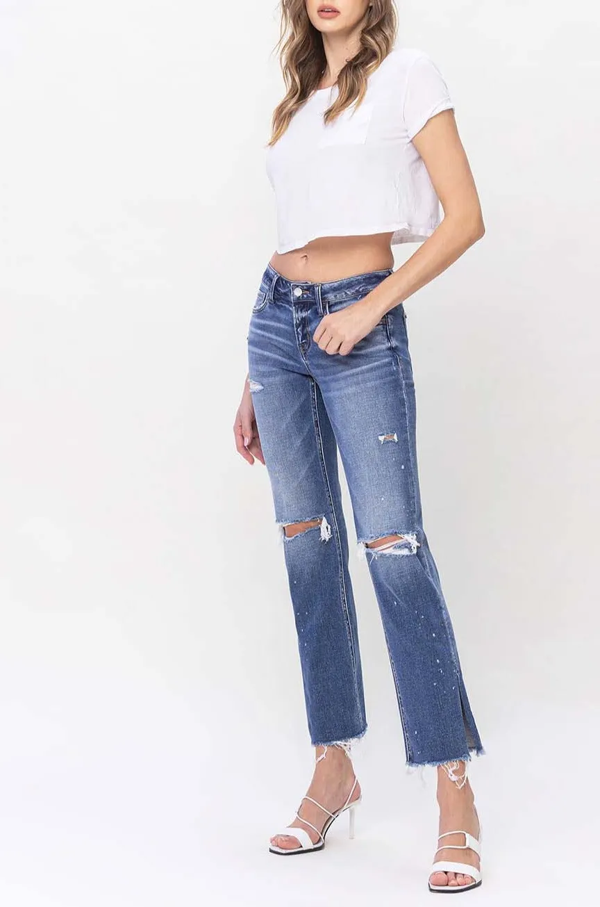 Flying Monkey - Low Rise Distressed Straight Jeans With Paint Speckle Detail / Split Hem - F5218
