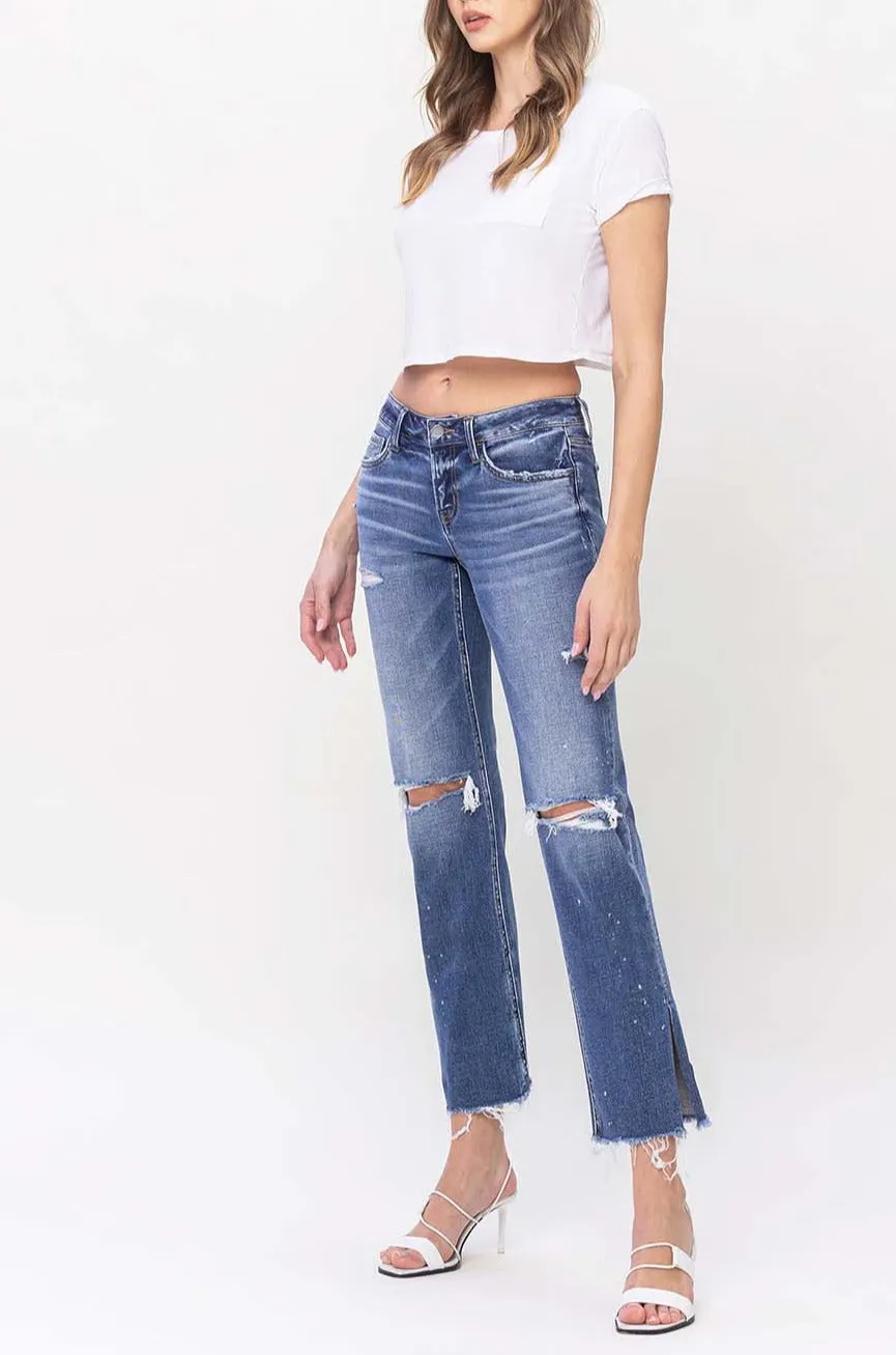 Flying Monkey - Low Rise Distressed Straight Jeans With Paint Speckle Detail / Split Hem - F5218