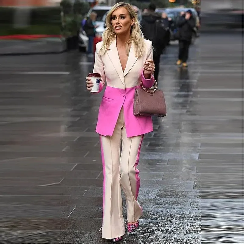 Ladies classy blazer and pants suit two piece set office wear business outfit formal wear single button blazer