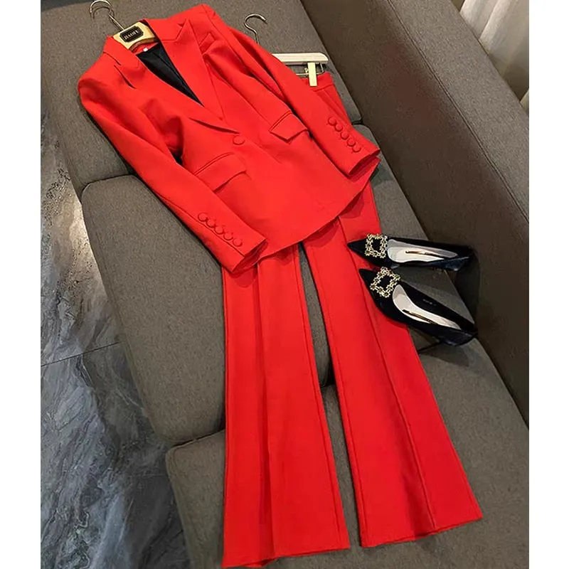 Ladies classy blazer and pants suit two piece set office wear business outfit formal wear single button blazer