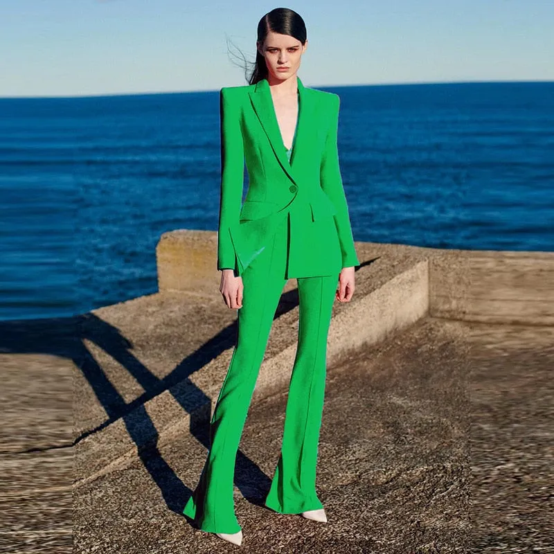 Ladies classy blazer and pants suit two piece set office wear business outfit formal wear single button blazer