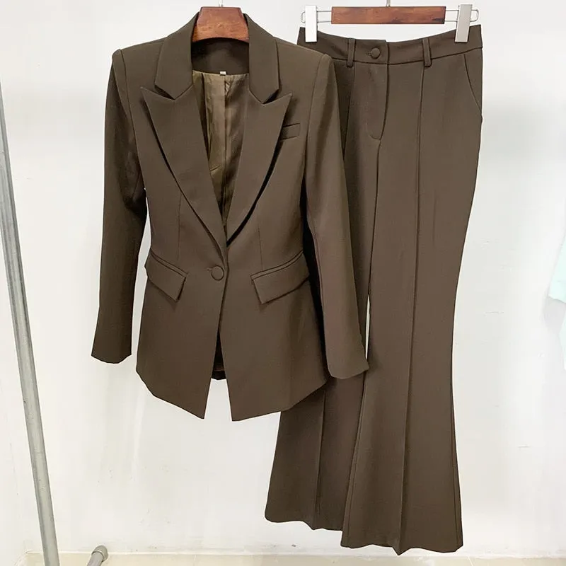 Ladies classy blazer and pants suit two piece set office wear business outfit formal wear single button blazer