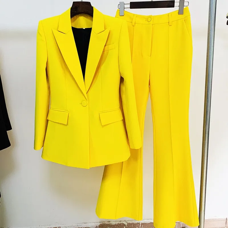 Ladies classy blazer and pants suit two piece set office wear business outfit formal wear single button blazer