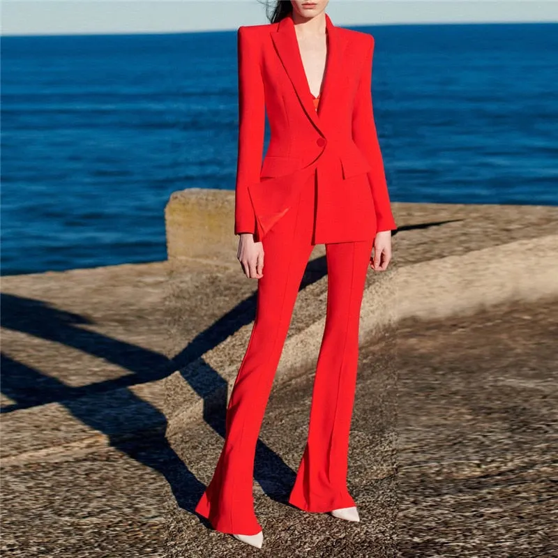 Ladies classy blazer and pants suit two piece set office wear business outfit formal wear single button blazer