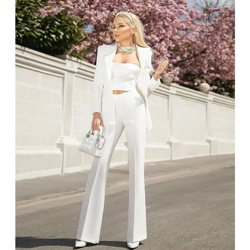 Ladies classy blazer and pants suit two piece set office wear business outfit formal wear single button blazer