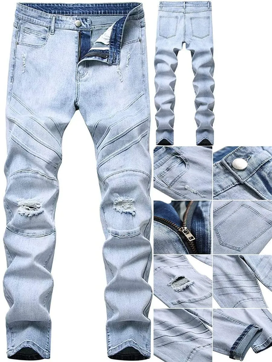 LONGBIDA Destroyed Stretch Skinny Slim Fit Washed Men Ripped Jeans