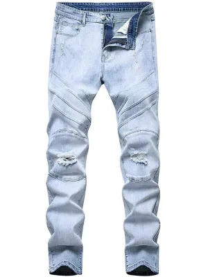 LONGBIDA Destroyed Stretch Skinny Slim Fit Washed Men Ripped Jeans