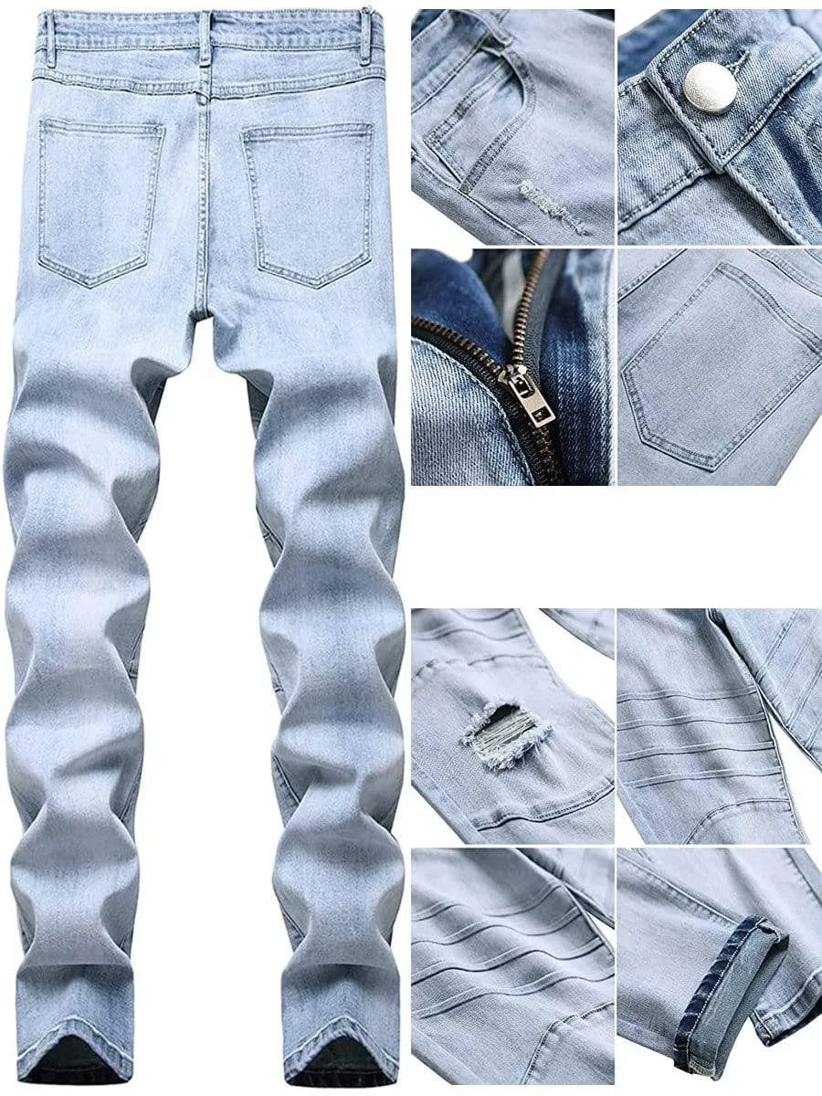 LONGBIDA Destroyed Stretch Skinny Slim Fit Washed Men Ripped Jeans