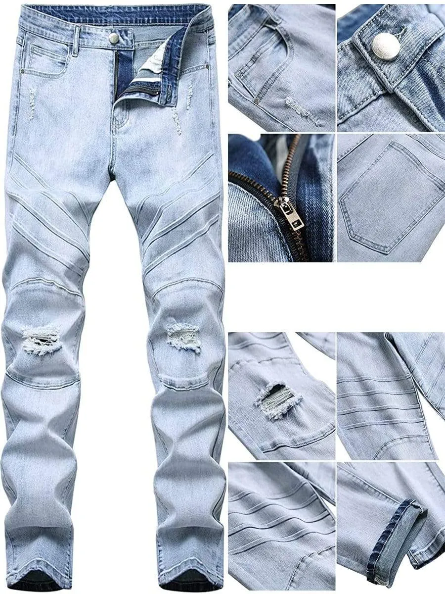 LONGBIDA Destroyed Stretch Skinny Slim Fit Washed Men Ripped Jeans