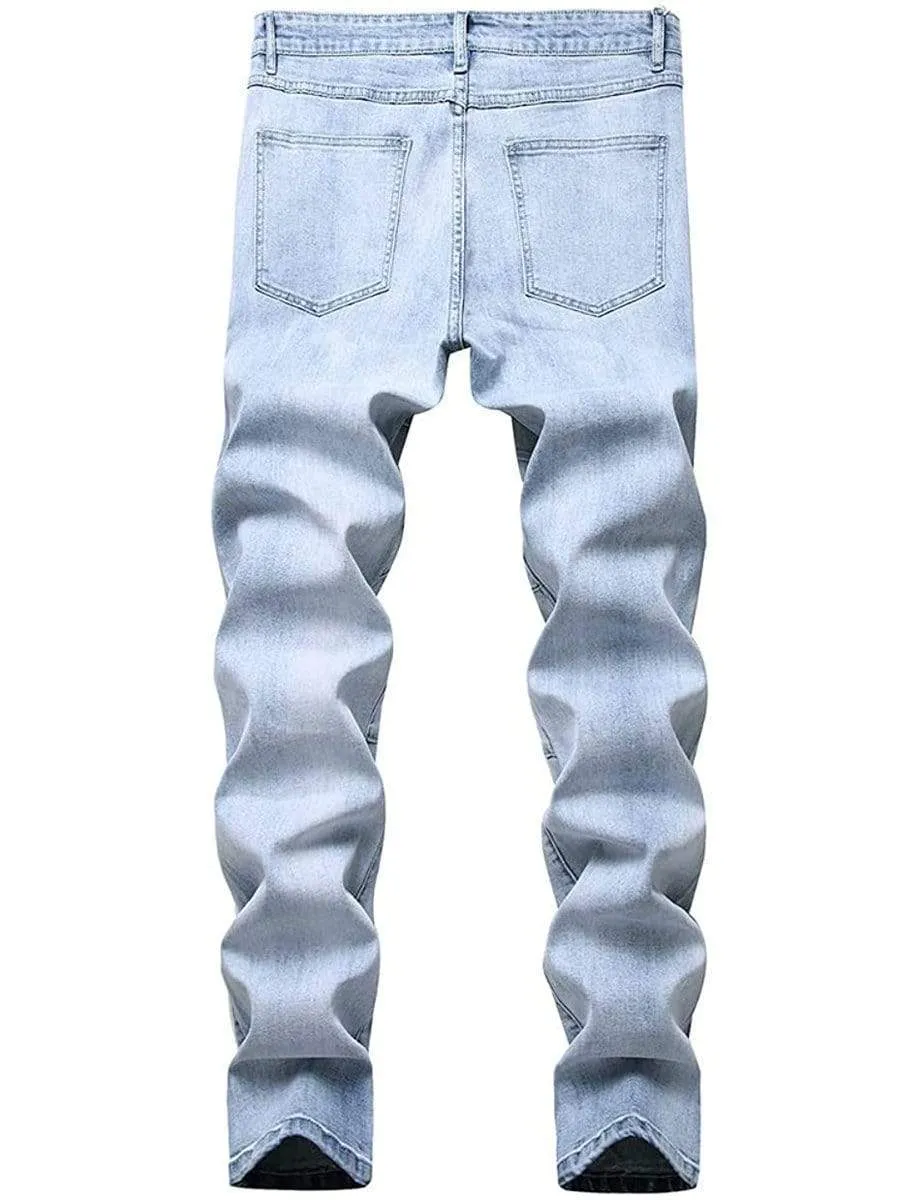 LONGBIDA Destroyed Stretch Skinny Slim Fit Washed Men Ripped Jeans