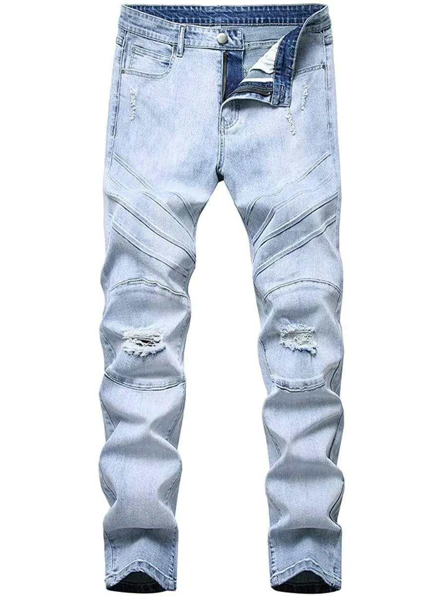 LONGBIDA Destroyed Stretch Skinny Slim Fit Washed Men Ripped Jeans